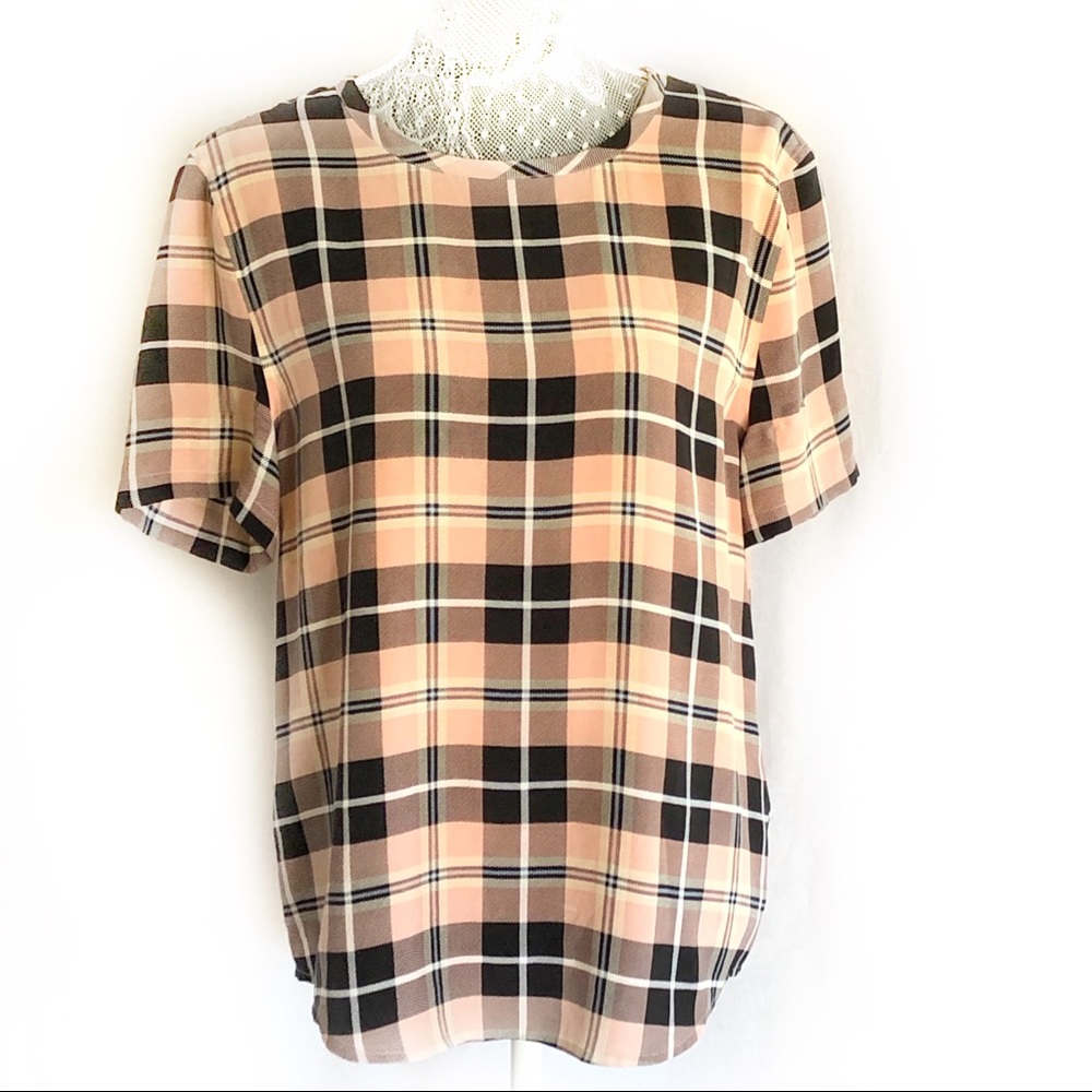 Pink black plaid Equipment blouse top Medium